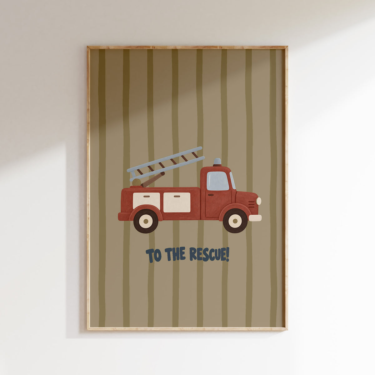 Brandweerauto poster in een houten lijst voor de kinderkamer