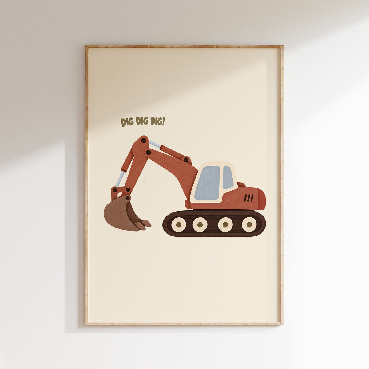 Graafmachine poster in een houten lijst voor de kinderkamer