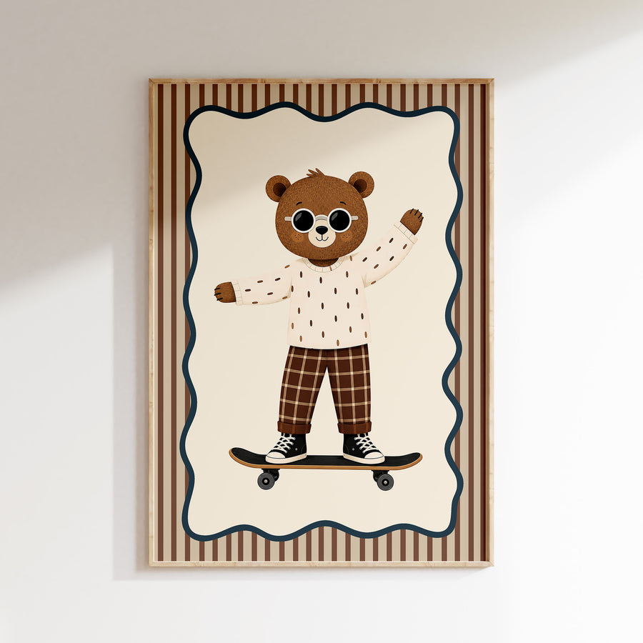 Kinderkamer print - Stoere beer op skateboard