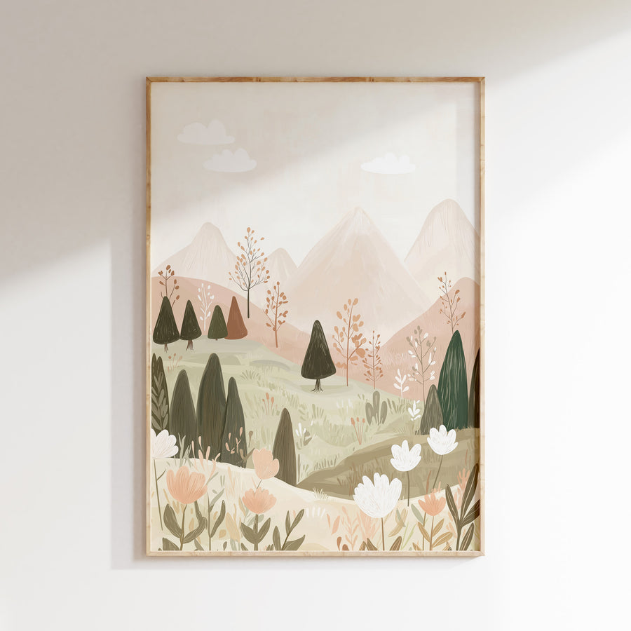 Kinderkamer print - Bergen en bloemen