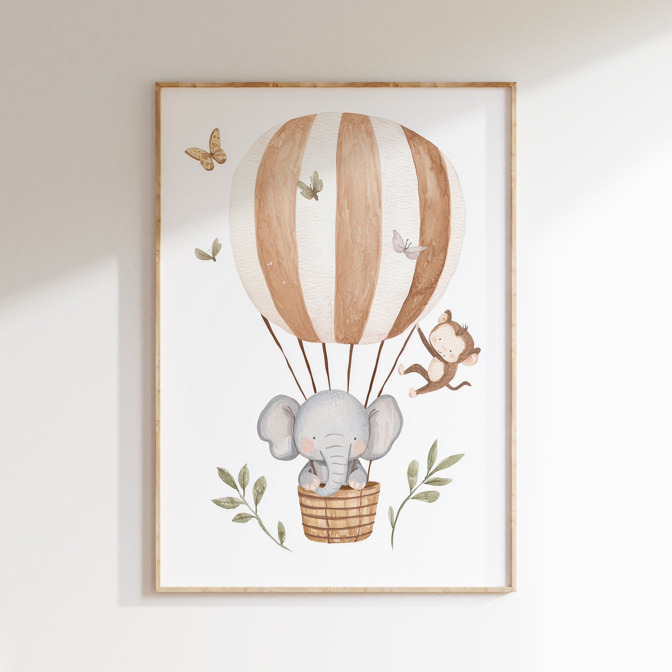 Kinderkamer print - Olifant en Aapje in Luchtballon
