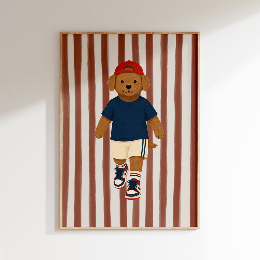 Stoere hond strepen poster in een houten lijst voor de baby- of kinderkamer