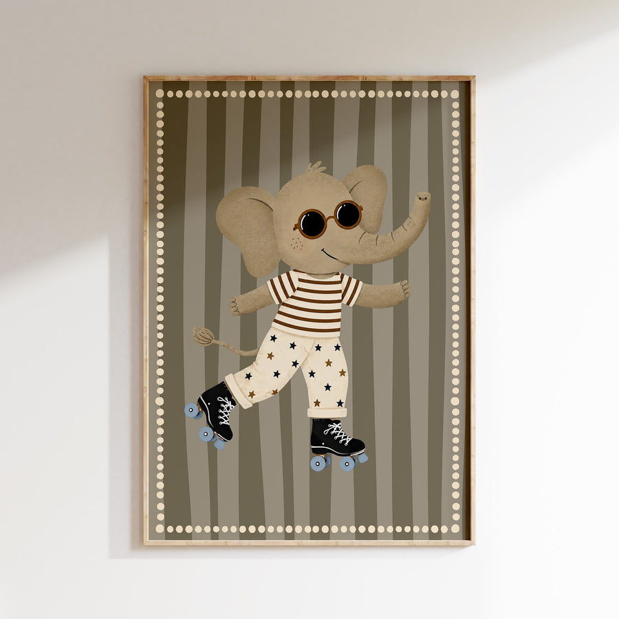 Kinderkamer print - Stoere olifant op rolschaatsen