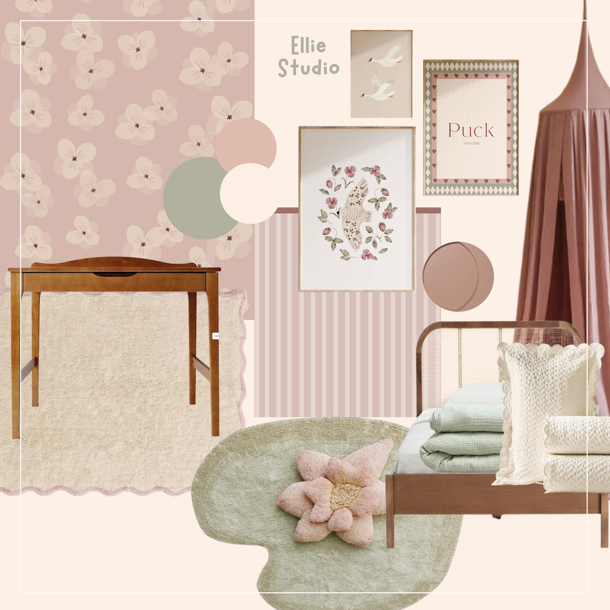 Moodboard voor een meisjeskamer met Soft Bloom behang, oudroze strepen, saliegroen en kinderkamerposters