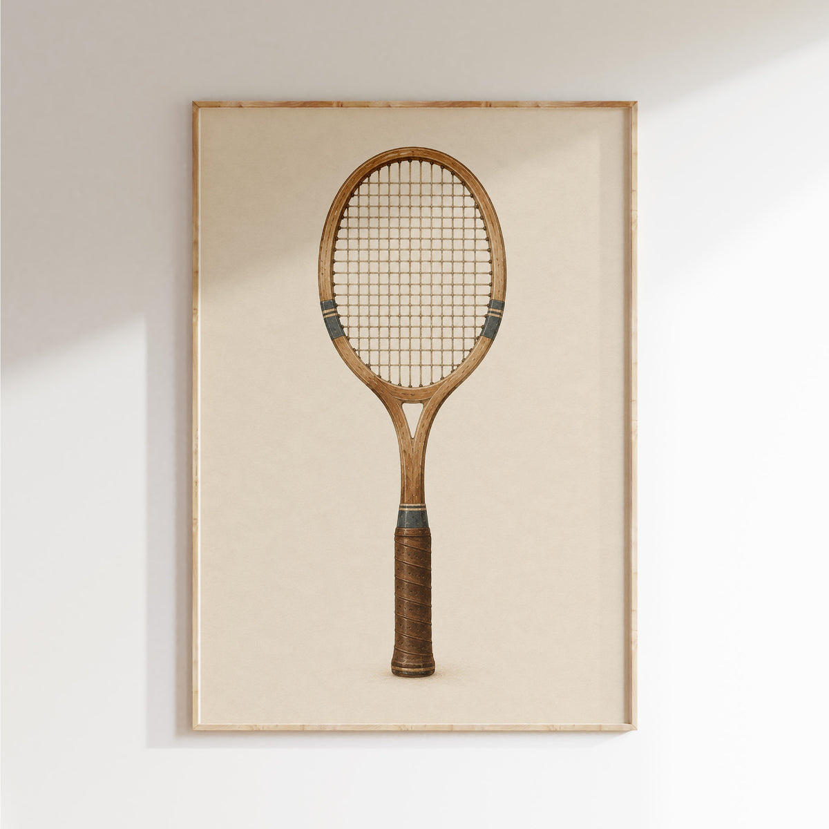 Vintage houten tennisracket poster in een lichte lijst