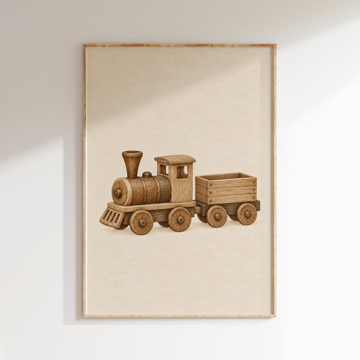 Vintage houten trein poster in een lichte lijst