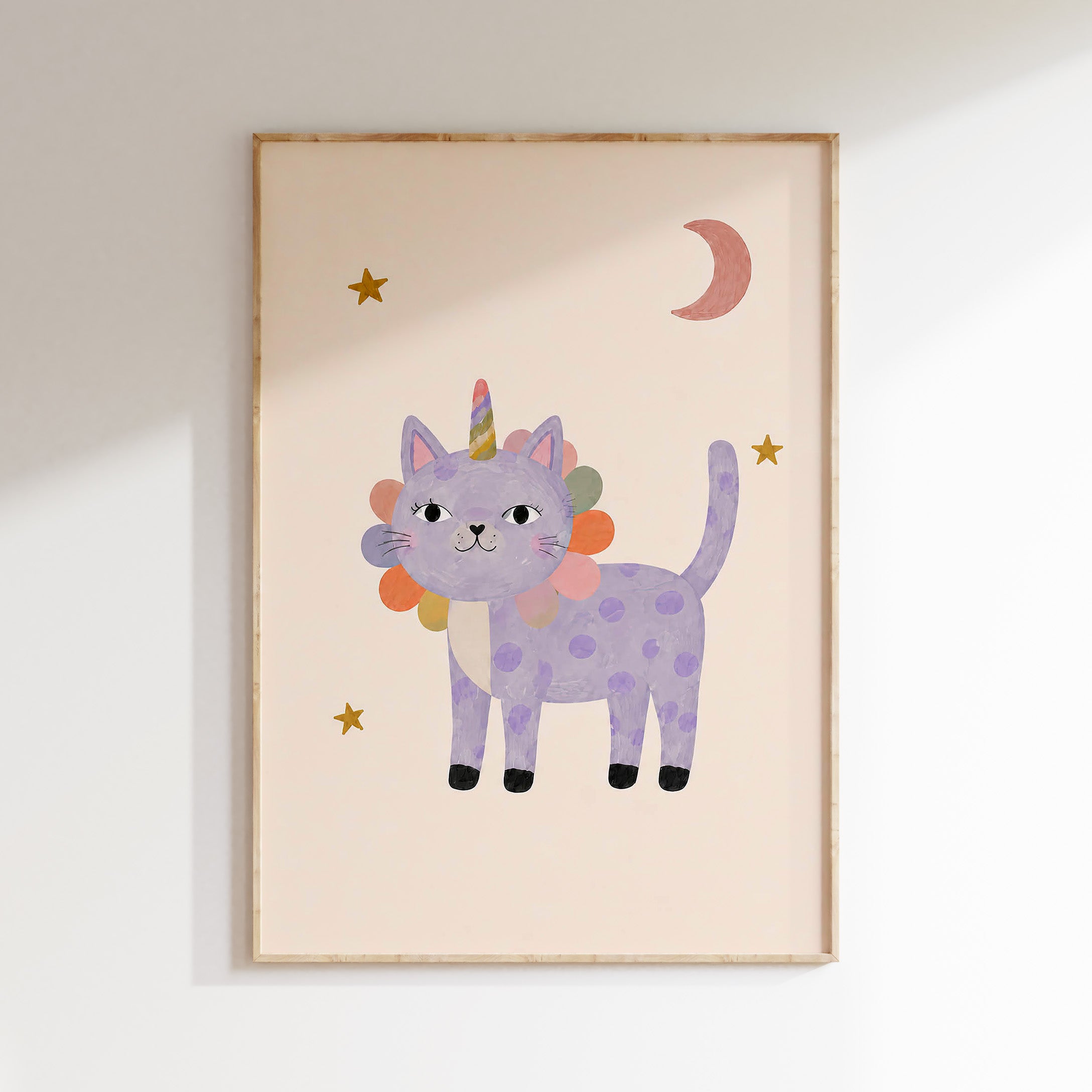 Unicorn kat poster voor de kinderkamer met lila poes en regenbooghoorn