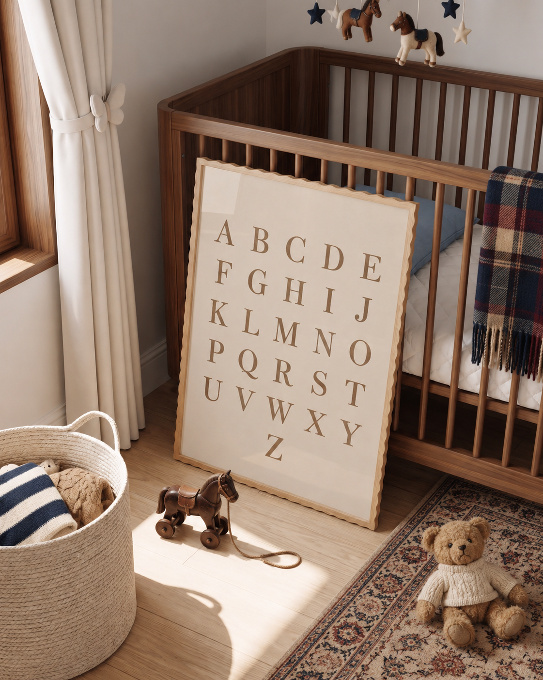 Vintage alfabetposter in een warme kinderkamer naast een houten ledikant